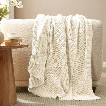 Knit Throw Blanket, Soft Chenille Cozy Breathable Chevron Chunky Decorative Blanket, French-Inspired Lightweight Warm