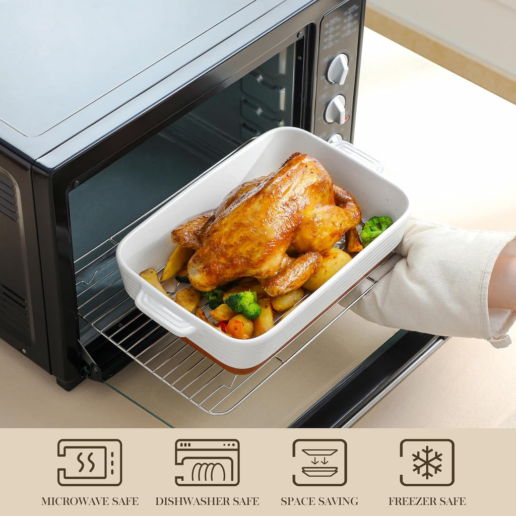 Casserole Dishes for Oven with Roasting Racks, Ceramic Dishes Set of 3, Pan Casserole Dish Set, Rectangular Lasagna