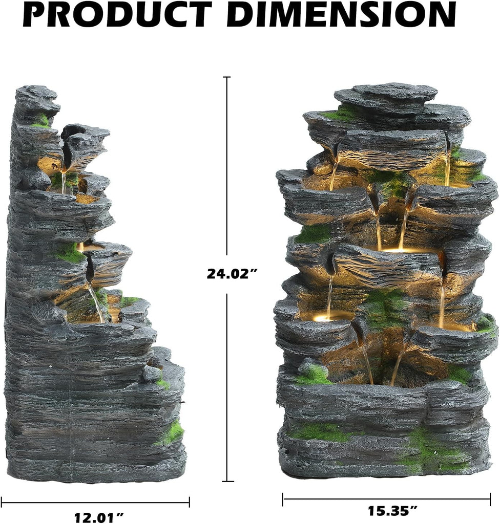 Outdoor 7-Tiers Cascading Rock Water Fountain, Waterfall Fountain with 6 LED Lights, Outdoor Fountains and Waterfalls