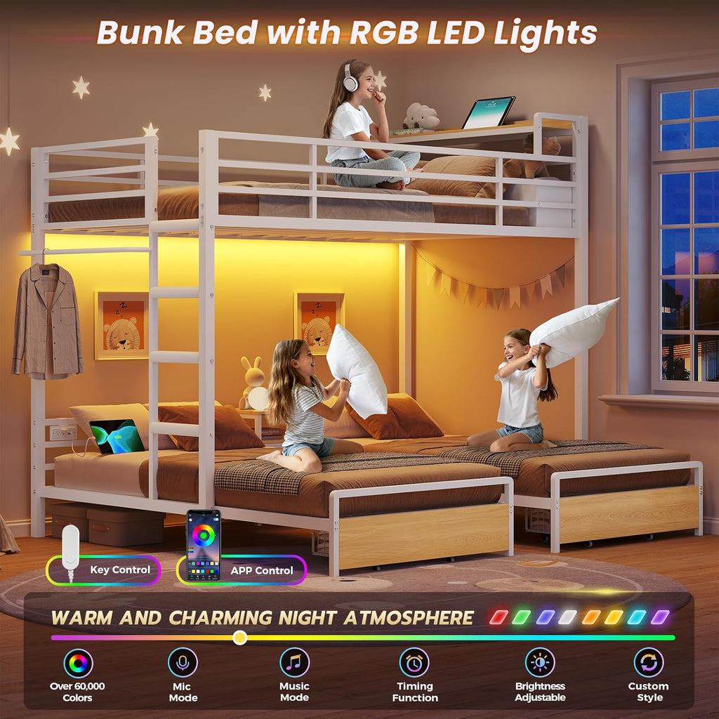 Triple Bunk Bed for Kids with Storage Drawers and Charging Station Twin Over Twin Metal 3 Bunk Bed with Storage