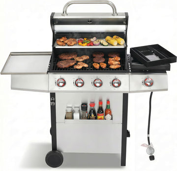 4-Burner Propane Gas Grill with Side Burner, 49,000 BTU BBQ Grill with Cast Iron Grates, Griddle and Charcoal Tray