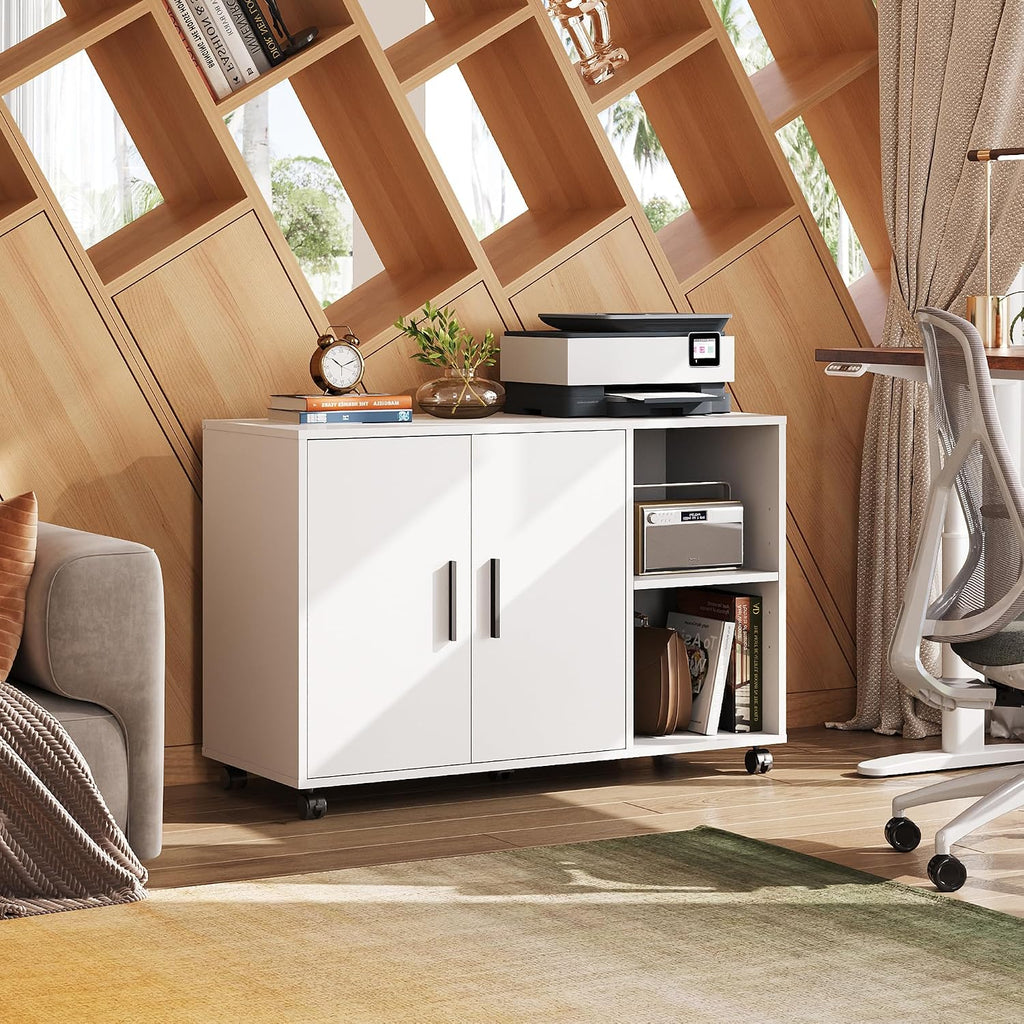 Office File Cabinet, Rolling Printer Stand, White | Lateral Storage Cabinet, Doors and Shelves, Mobile Filing