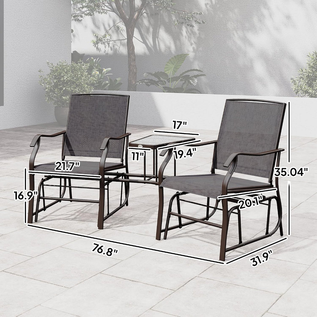 Outdoor Glider Chair with Table 2-Seat Patio Loveseat Gray | Rocking Chair Swing Love Seat, Breathable Sling