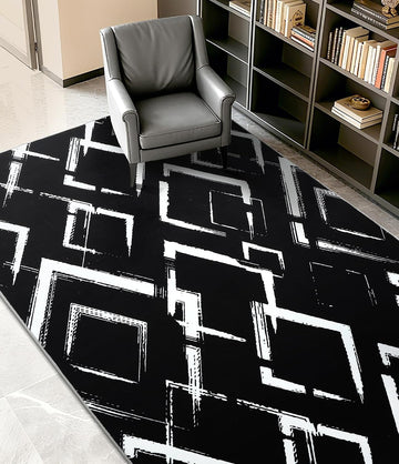 Black Modern Geometric Area Rug 8x10, Black and White Rug with Abstract Diamond Patterns,Non-Shedding Washable Rugs