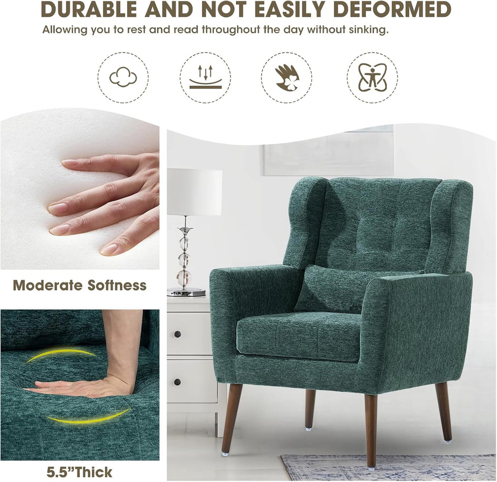 Accent Arm Chairs , Chenille Upholstered Mordern Armchair, Comfy Soft Padded Lounge Chair , Pillow, Solid Wood Leg