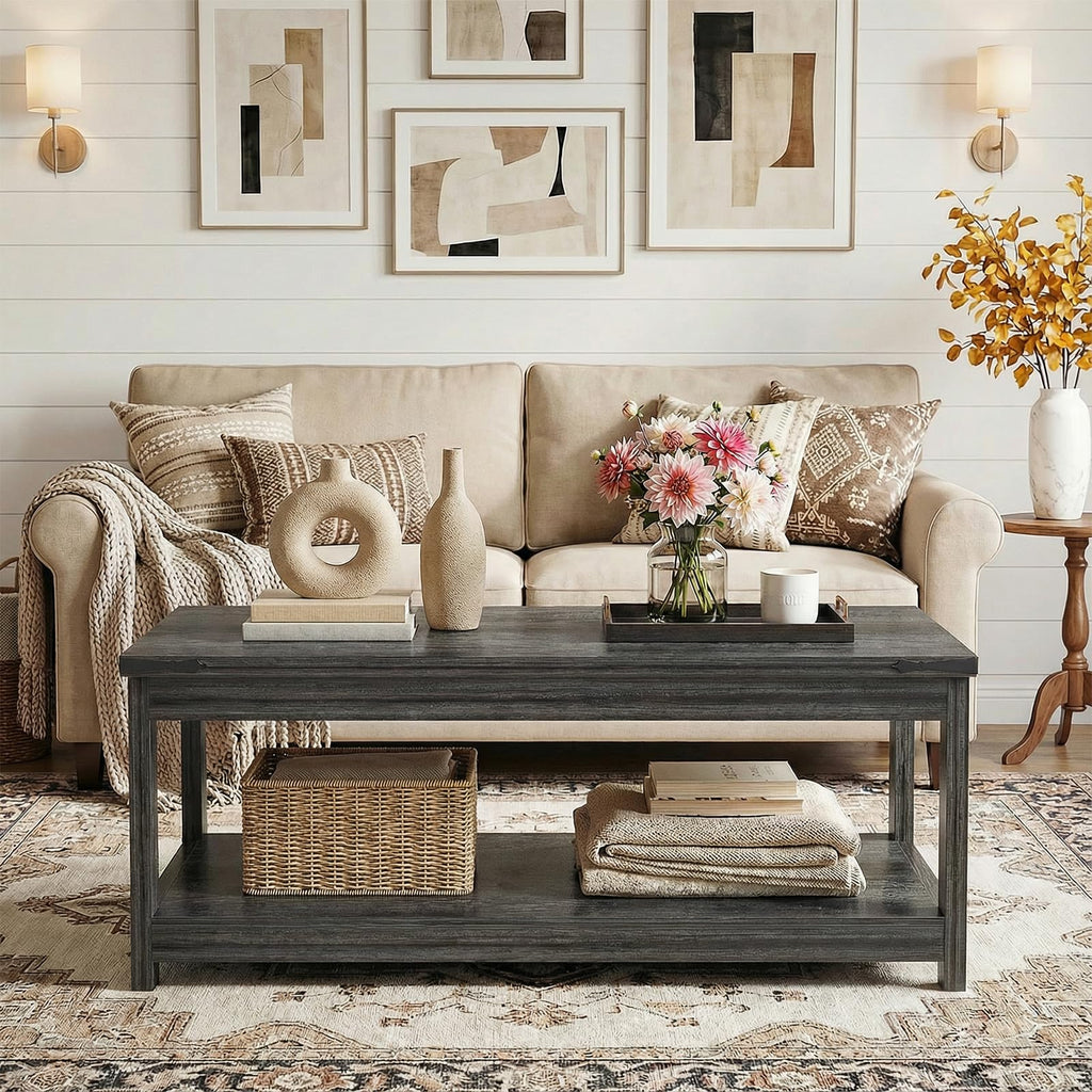 43.3" Farmhouse Coffee Table with Storage Shelf, Rustic Brown