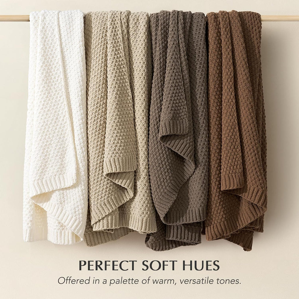Chunky Chenille Knit Throw Blanket, Soft Luxurious Moss Stitch Blankets, Cozy Decorative Farmhouse Knitted Throws