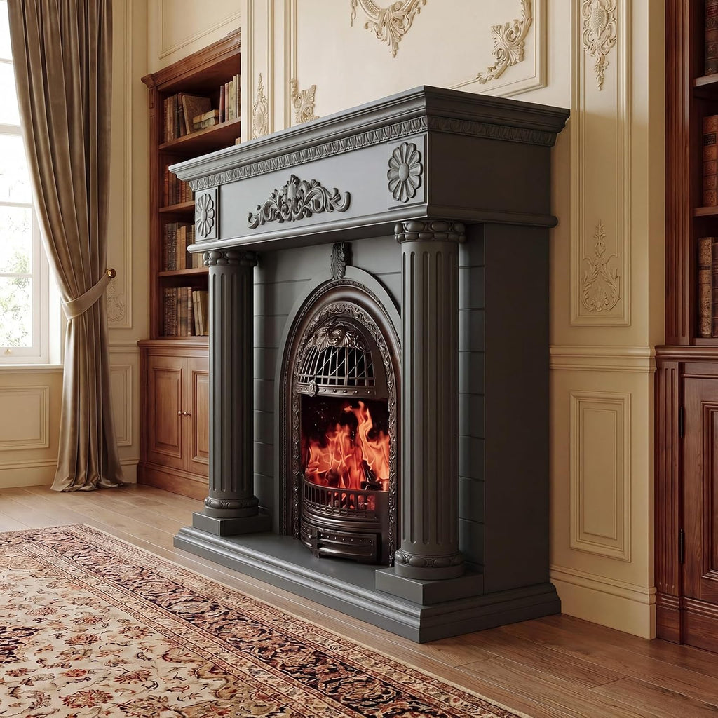 Solid Wood Electric Fireplace TV Stand, 52" Electric Fireplace with Mantel, Roman Column Entertainment Center with Bronze Arched Birdcage Insert, Electric Fireplace Heater for Living Room, Black