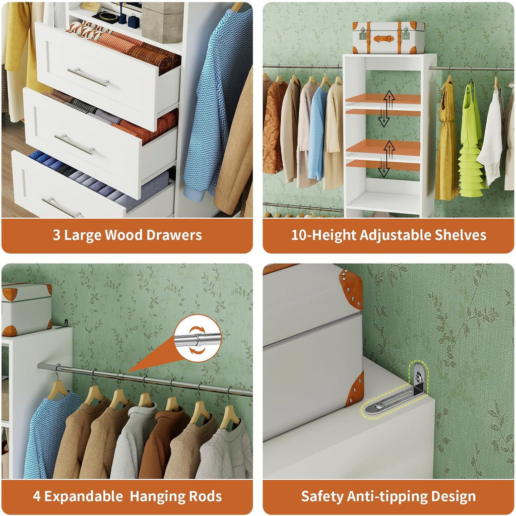 Closet System with Drawers, 5-9FT Closet Organizer System with 4 Expandable Rods & Adjustable Shelves for Walk in