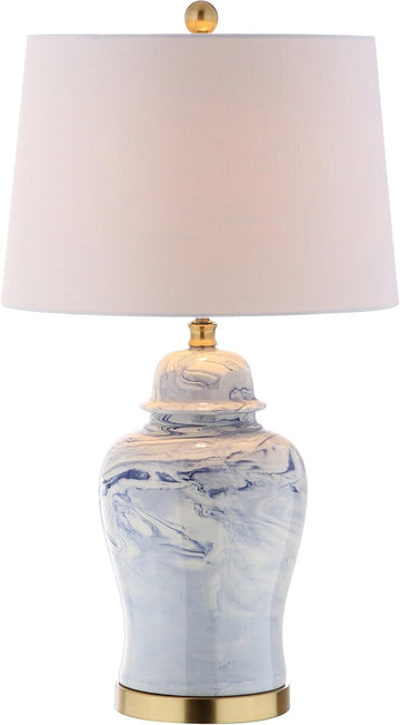 26" Blue and White Marble Ceramic Table Lamp, Traditional Ginger Jar Style with Brass Gold Base