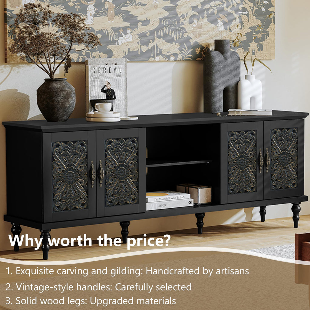 67" Retro TV Stand with Hollow Carved Doors, Black