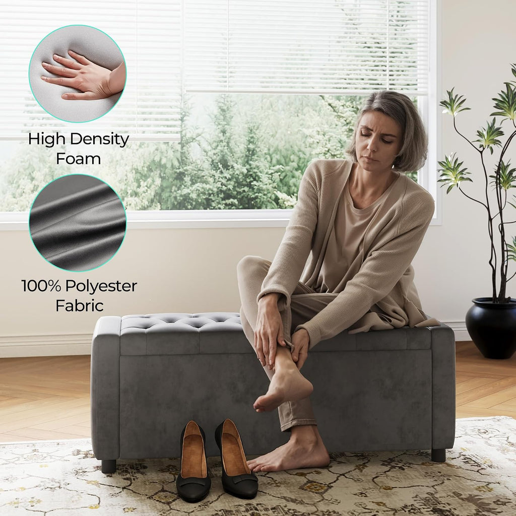 49" Velvet Ottoman with Storage, Upholstered End of Bed Storage Bench, Large Ottoman Foot Rest , Dark Grey