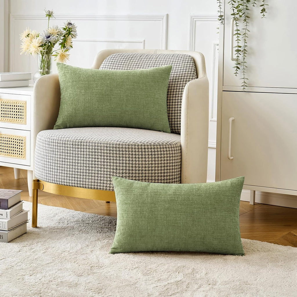 Pack of 2 Couch Throw Pillow Covers 12x20 Inch Spring Soft Sage Green Chenille Lumbar Pillow Covers