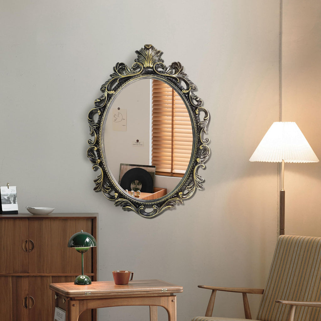 Black Oval Wall Mirror, Vintage Style Gothic Scroll
