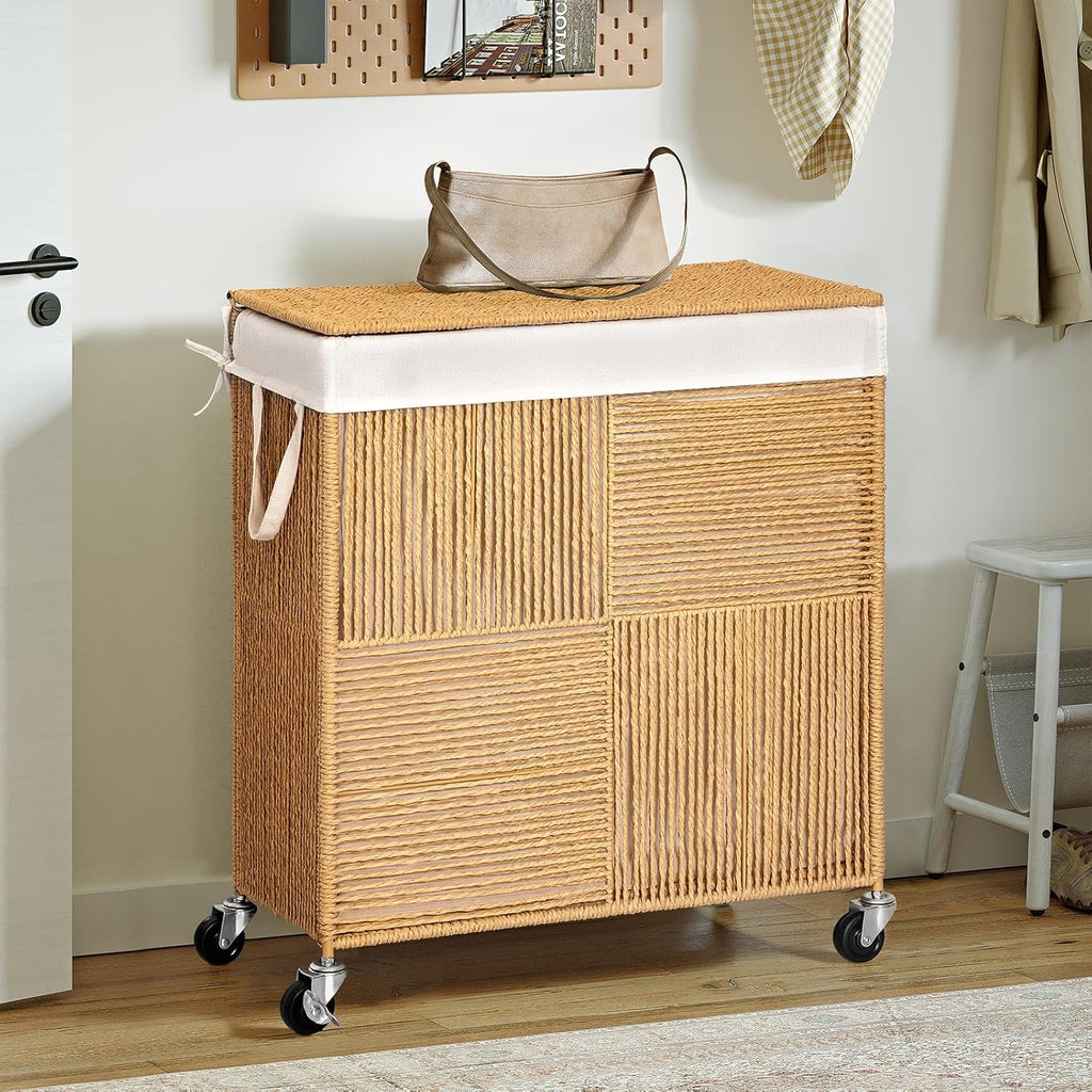 Double Laundry Hamper with Wheels, Handwoven Rolling Laundry Basket | 115L Dirty Clothes Hamper with Lid, Removable