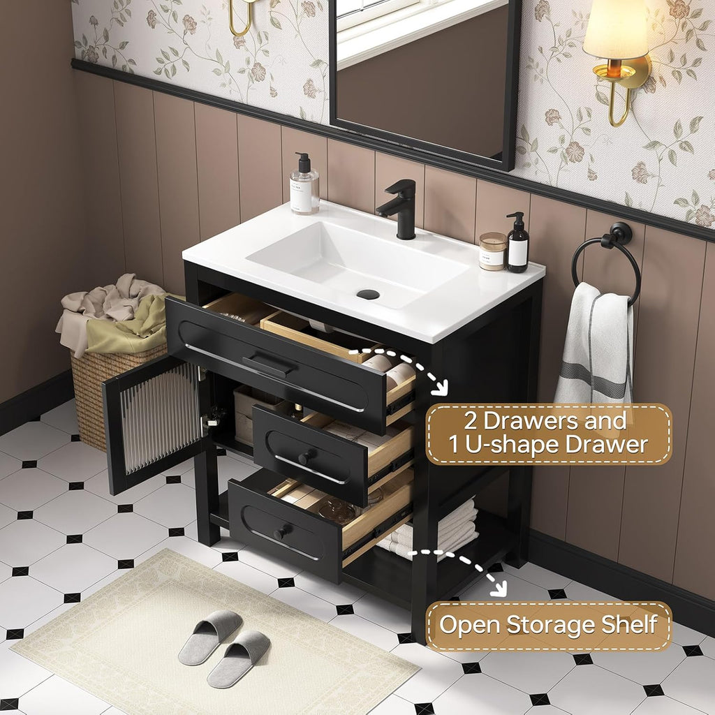 30" Black Freestanding Bathroom Vanity with Sink - Vanity Cabinet with Adjustable Feet