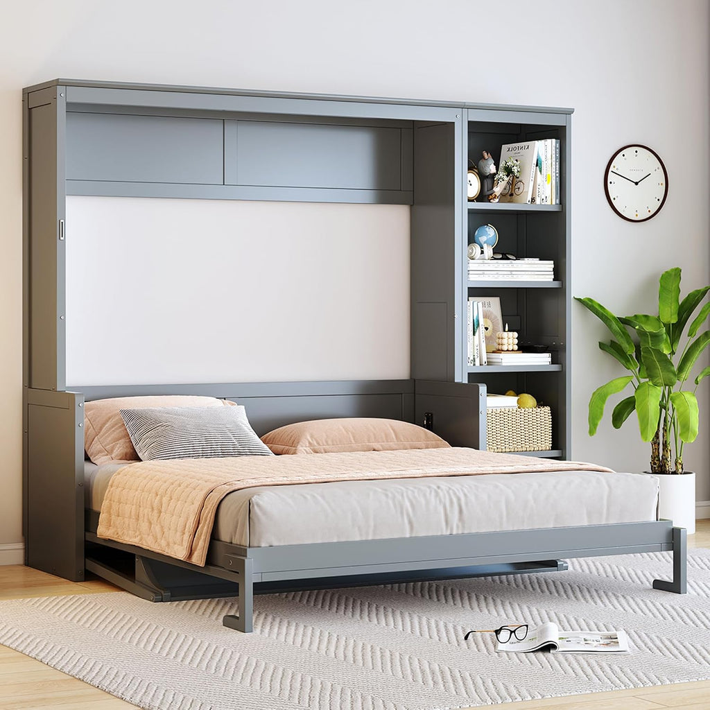 Queen Murphy Bed with Desk and Storage Shelves,Wood Hideaway Murphy Wall Bed with Storage Bookcase for Adults (Grey)