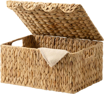 Wicker Basket with Scalloped Edge Lid, Water Hyacinth Basket with Built-in Handles, Handwoven Wicker Box , 15" L x 11