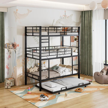 Triple Bunk Bed with Trundle Guardrail & Ladder Twin Metal, No Box Spring Needed, Easy Assemble