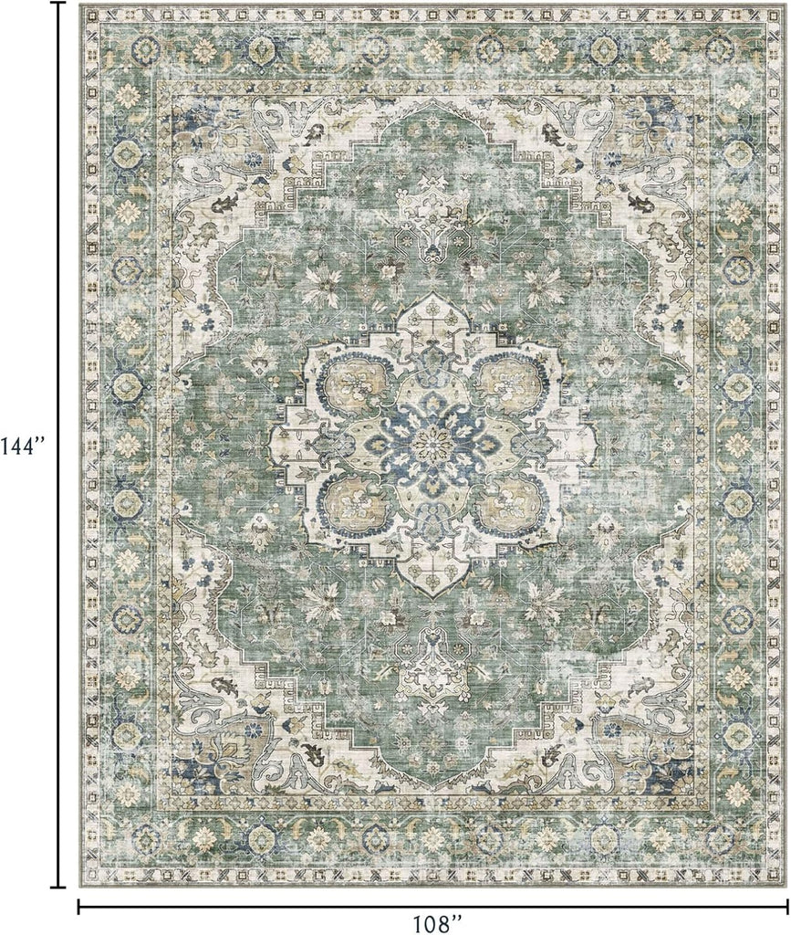 Area Rugs 9x12 Living Room - Large Washable Sage Green Boho Rugs