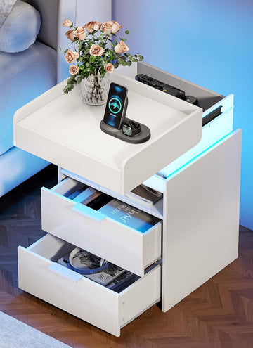 Night Stand with Gun Drawer, Modern Nightstand with Hidden Charging Station, LED Beside End Table with USB and Type-C