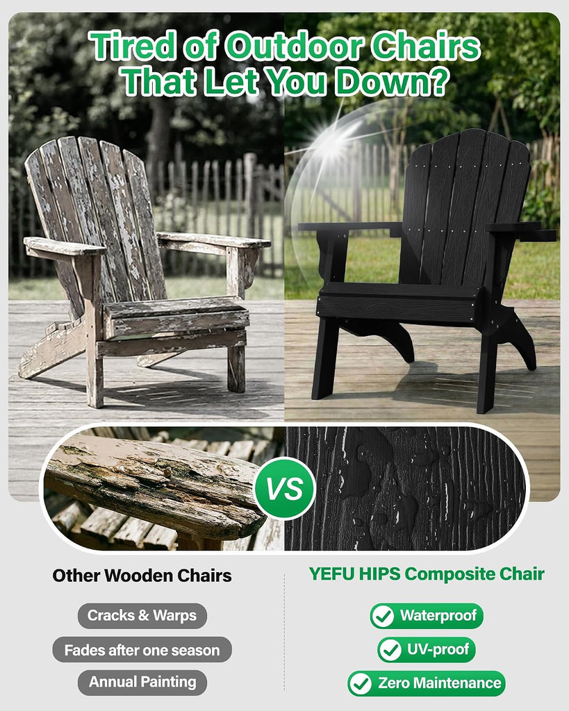 Oversized Adirondack Chair with Cup-Holder - Black | Heavy Duty Poly Lumber Outdoor Fire Pit Chair, Weather