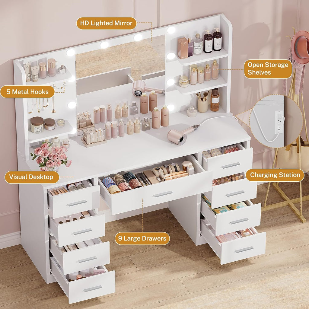 Vanity Desk with Mirror and Lights, Makeup Vanity with 9 Drawers, 4 Shelves & 5 Jewel Hooks, White Vanity with Outlet