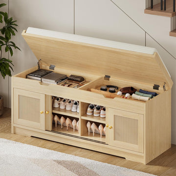 47.2" Shoe Bench with Lift Top Storage, Entryway Bench with Cushioned Seat, 2-Tier Rattan Shoe Cabinet with