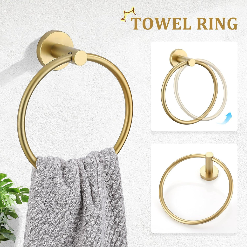Brushed Gold 5 Piece Bathroom Hardware Set, SUS304 Stainless Steel 24 Inch Bath Towel Bar Set, Round Bathroom