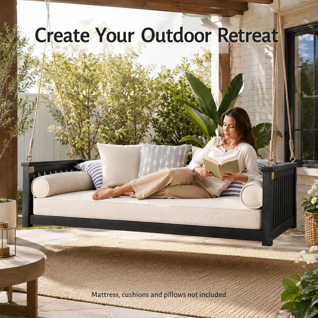 Outdoor Porch Swing Bed, Twin Size Acacia Wood Hanging Daybed with Hemp Ropes, Minimalist Patio Swing Bed for Garden