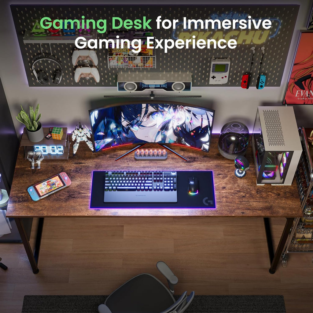 Computer Desk, 55 Inch Home Office Desk, Gaming Writing Work from Home Study Desk, Large Legroom, Sturdy Metal Frame