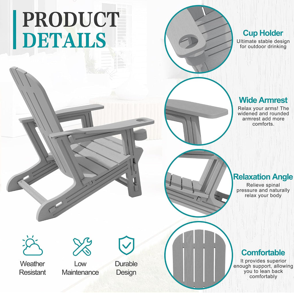 Outdoor Adirondack Chair Set of 2, All-Weather HDPE Patio Furniture with Detachable Table, Wood Texture & Cup