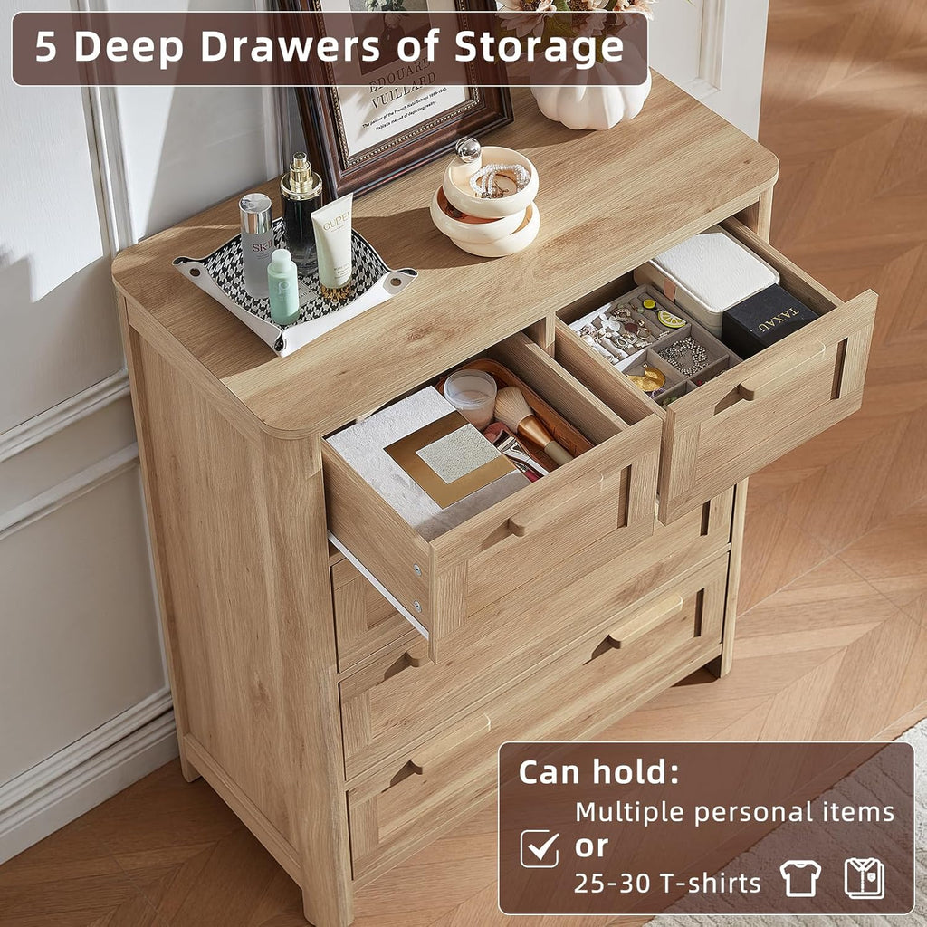 Farmhouse 5 Drawer Dresser , Vertical Dressers Chest of Drawers with 5 Deep Drawers & 4 Thickened Table Legs, Natural