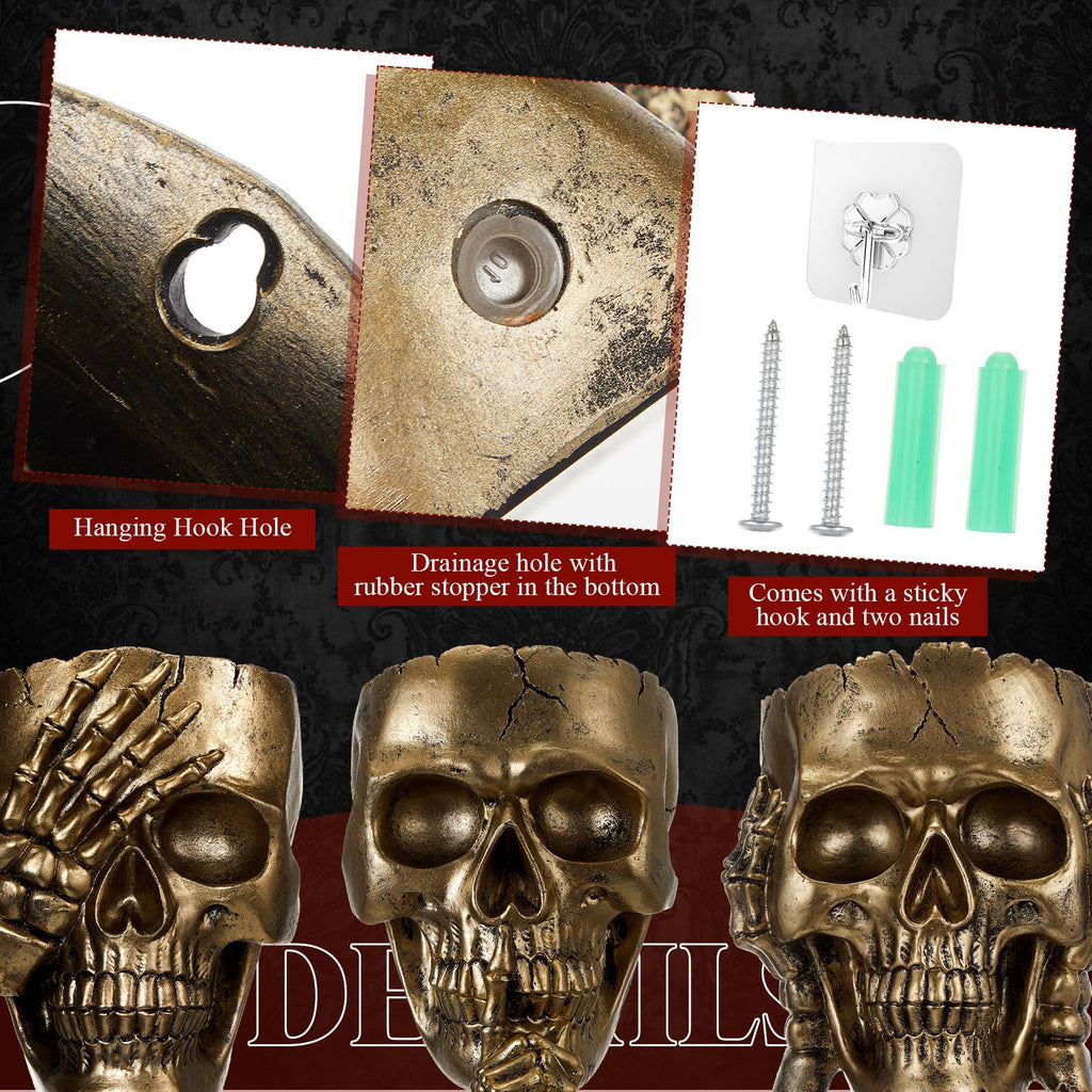 3 Pcs Skull Wall Planters, Gothic Hanging Skeleton Pot Set, Gold