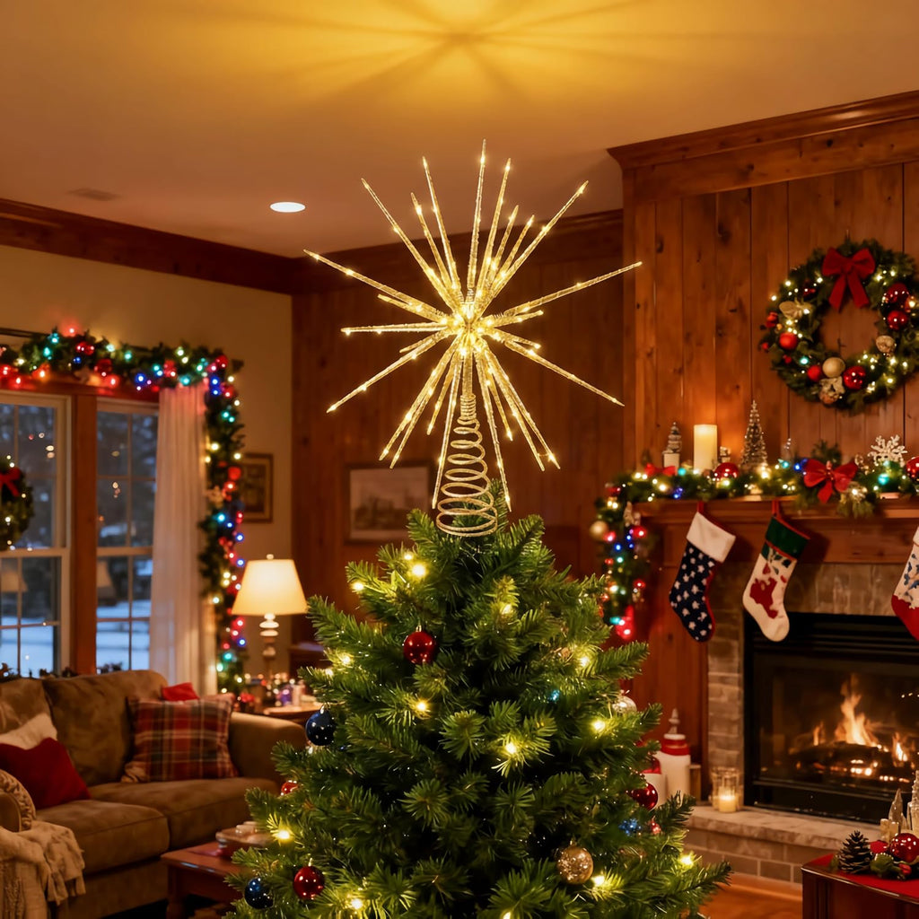 LED Starburst Christmas Tree Topper with Timer, Golden, 16inch
