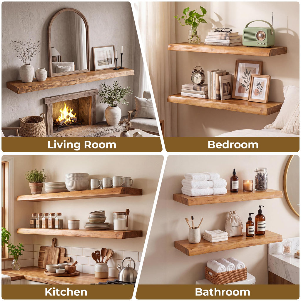 Live Edge Elm Floating Shelves - 22" W x 9.3" D Rustic Solid Wood Wall Shelves with Invisible Bracket, Wall-Mounted