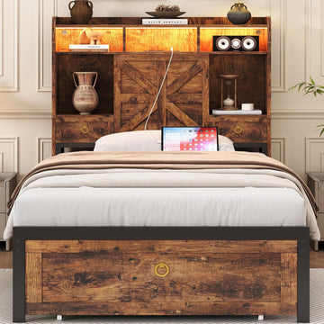 Twin Bed Frame with Storage Headboard and Drawers, Farmhouse Platform Bed Frame with Charging Station & LED Lights