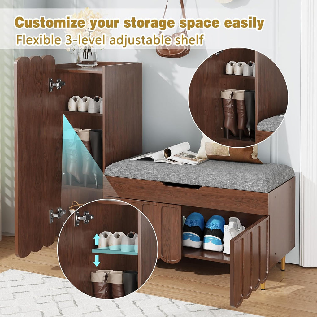 Shoe Organizer Cabinet,Entryway Bench with Adjustable Shelves and Cushioned Seat,Unique L-Shaped Bench Cabinet