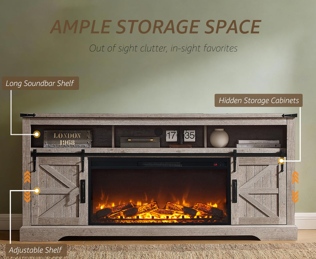 70" Farmhouse TV Stand with 36" Electirc Fireplace, Light Rustic Oak