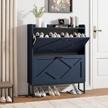 Shoe Storage Cabinet, Shoe Cabinet with 2 Flip Drawers, Narrow Shoe Rack Cabinet, Farmhouse Slim Shoe Cabinet Storage