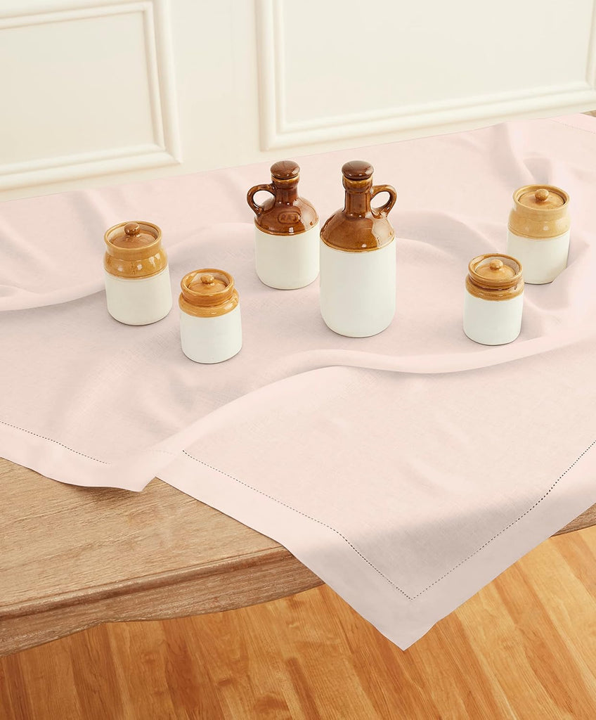 Pink Linen Tablecloth 52 x 52 Inch - 100% Pure Linen Square Table Throw - Classic Hemstitch, Machine