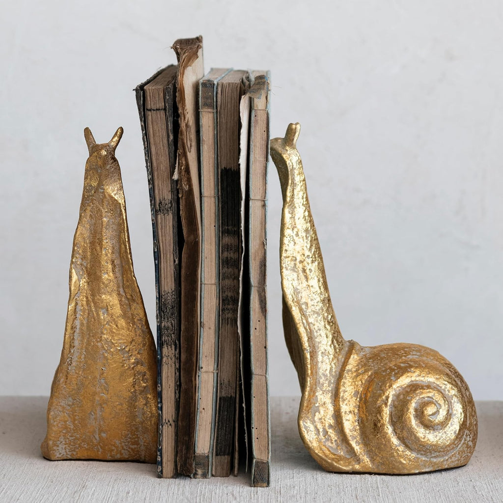 Decorative Distressed Cast Metal Snail Bookends, Gold