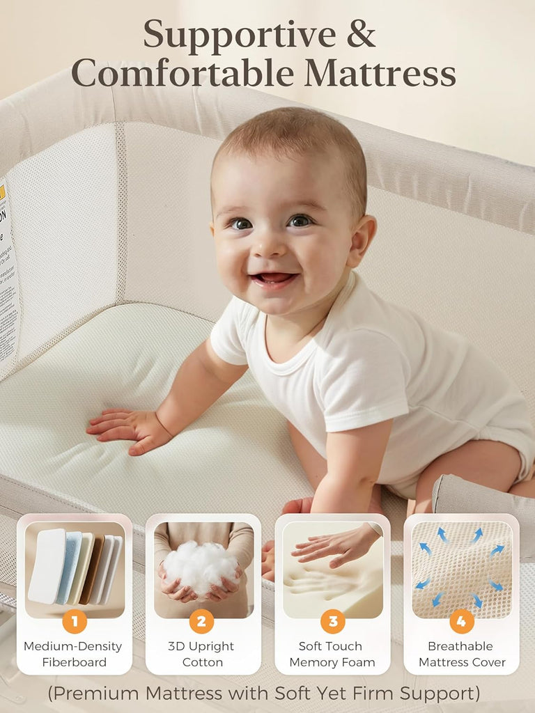 Baby Bassinet Bedside Sleeper 3-in-1, Easy Night Feeding with One-Side Fold & Rolling Wheels, Breathable Mesh