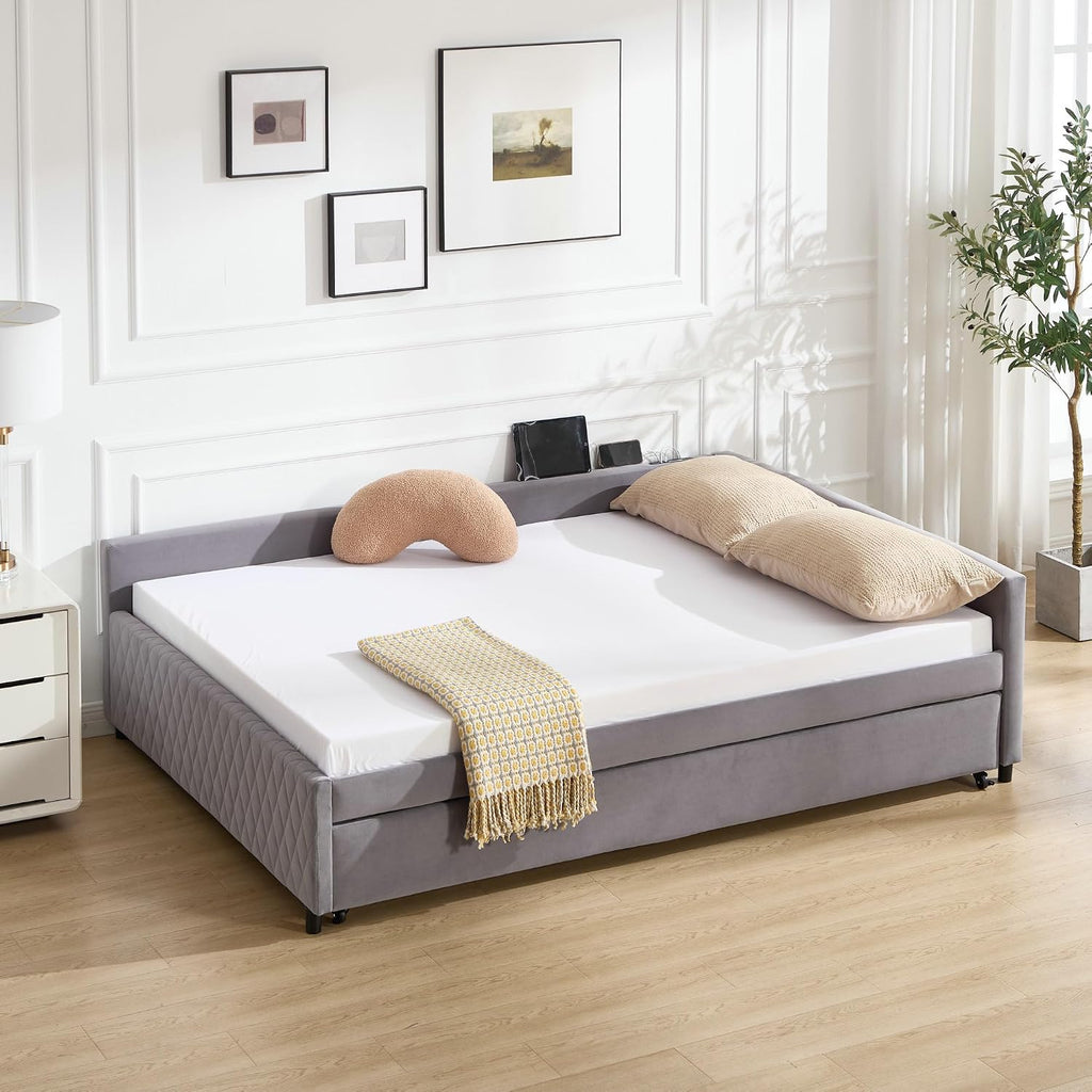 Full Size Daybed with Trundle,Velvet Upholstered Day Bed Frame Full with USB Port and Solid Wood Slat Support,L