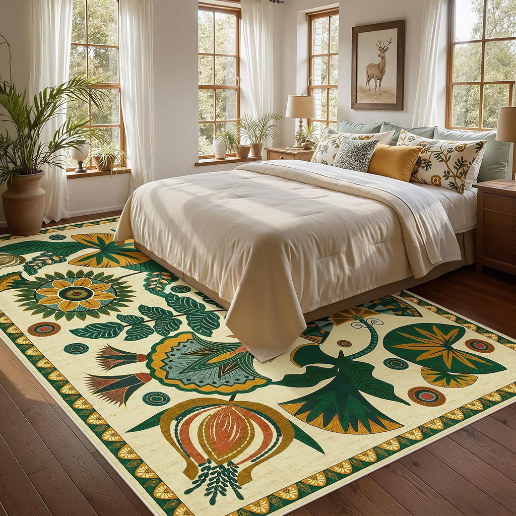 Egypt Floral Boho 9x12 Rugs for Living Room, Large Beige Washable Area Rug for Bedroom Dining Room Table, Vintage Non