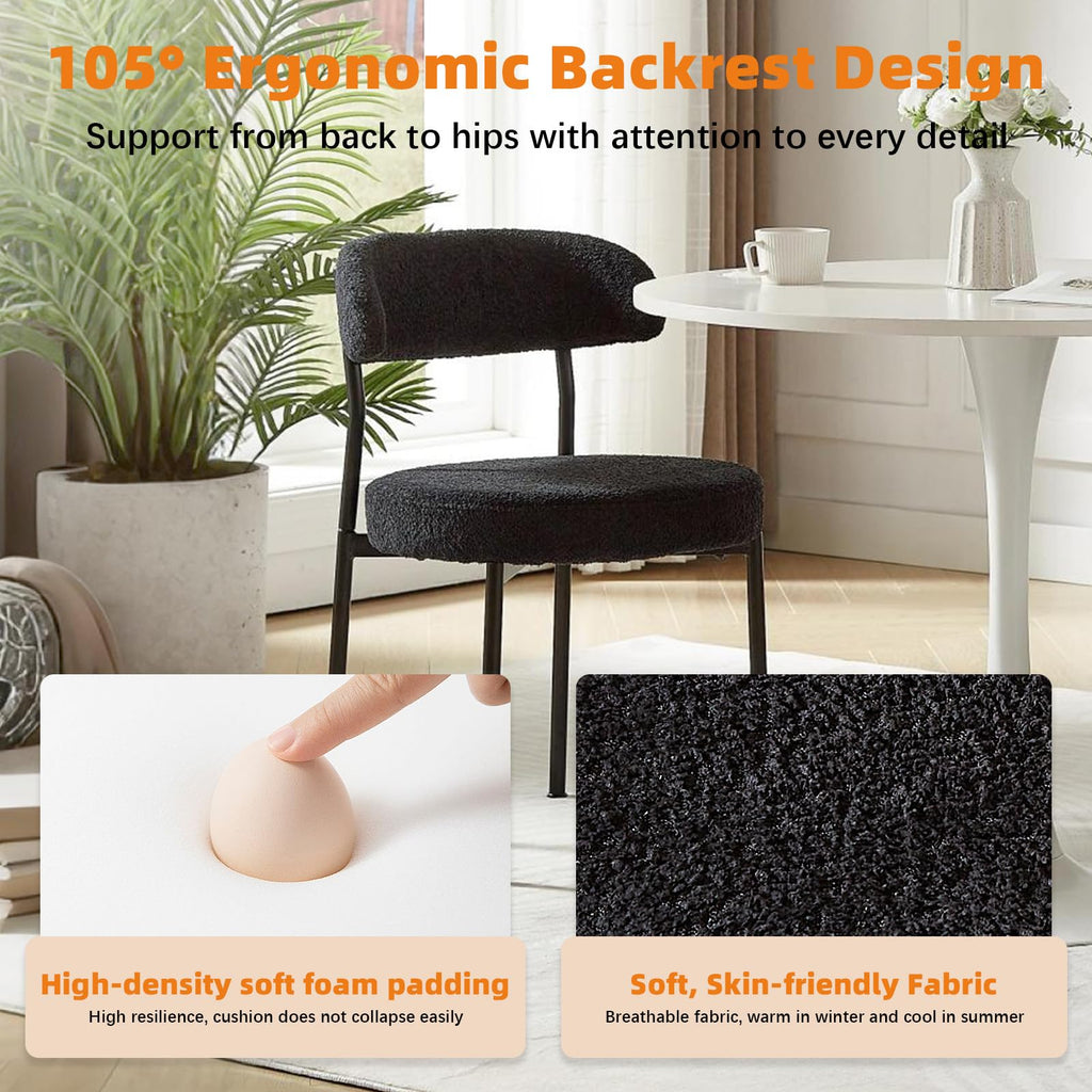 Black Boucle Set of 4, Kitchen Dining Room Chairs Curved Backrest Upholstered Mid Century Modern Chairs with Black