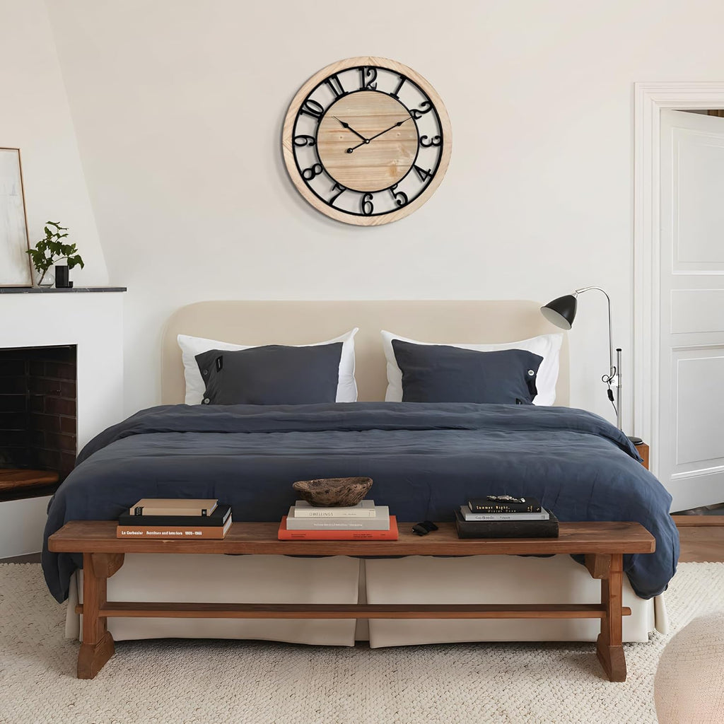 20 Inch Large Wall Clock - Rustic Wooden Silent Non-Ticking Wall Clock with Black Metal Frame