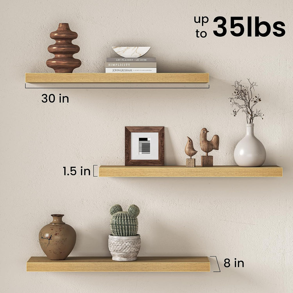 30" Floating Shelves for Wall, Set of 3, 8" Deep, 1.5" Thick, Oak Finish | Rustic Wood Wall Shelves with Invisible