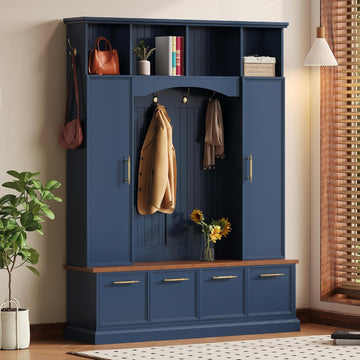 59" Farmhouse Hall Tree with Golden Hooks & Walnut Bench, Entryway Organizer with Adjustable Shelves, Shoe Storage