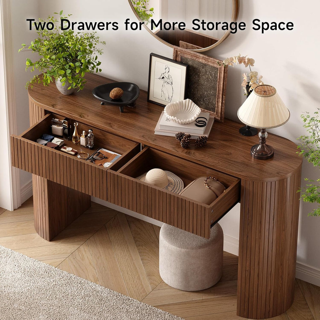 55 Inch Console Table with 2 Drawers, Entryway Tables with Storage,Walnut | Fluted Sofa Table Behind The Couch